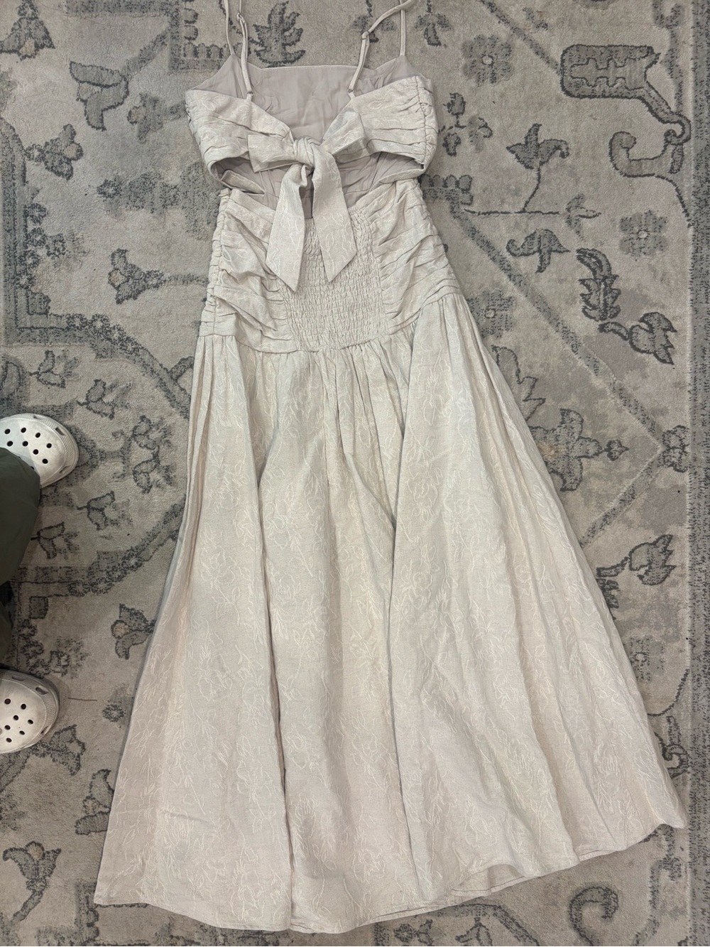 Bow-Front Cream Maxi Dress with Smocked Waist